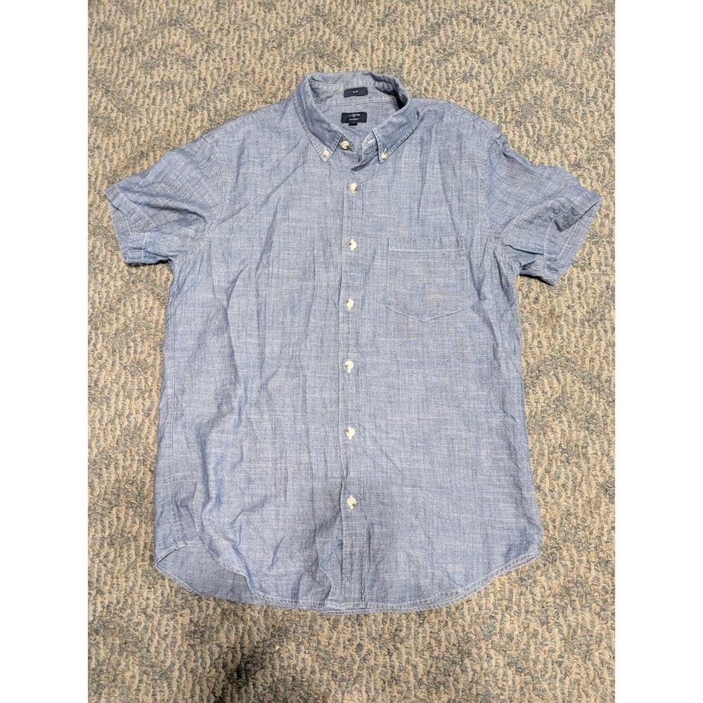 J.Crew Mens Slim Fit Chambray Short Sleeve Button Down Shirt Blue E8640 Size M